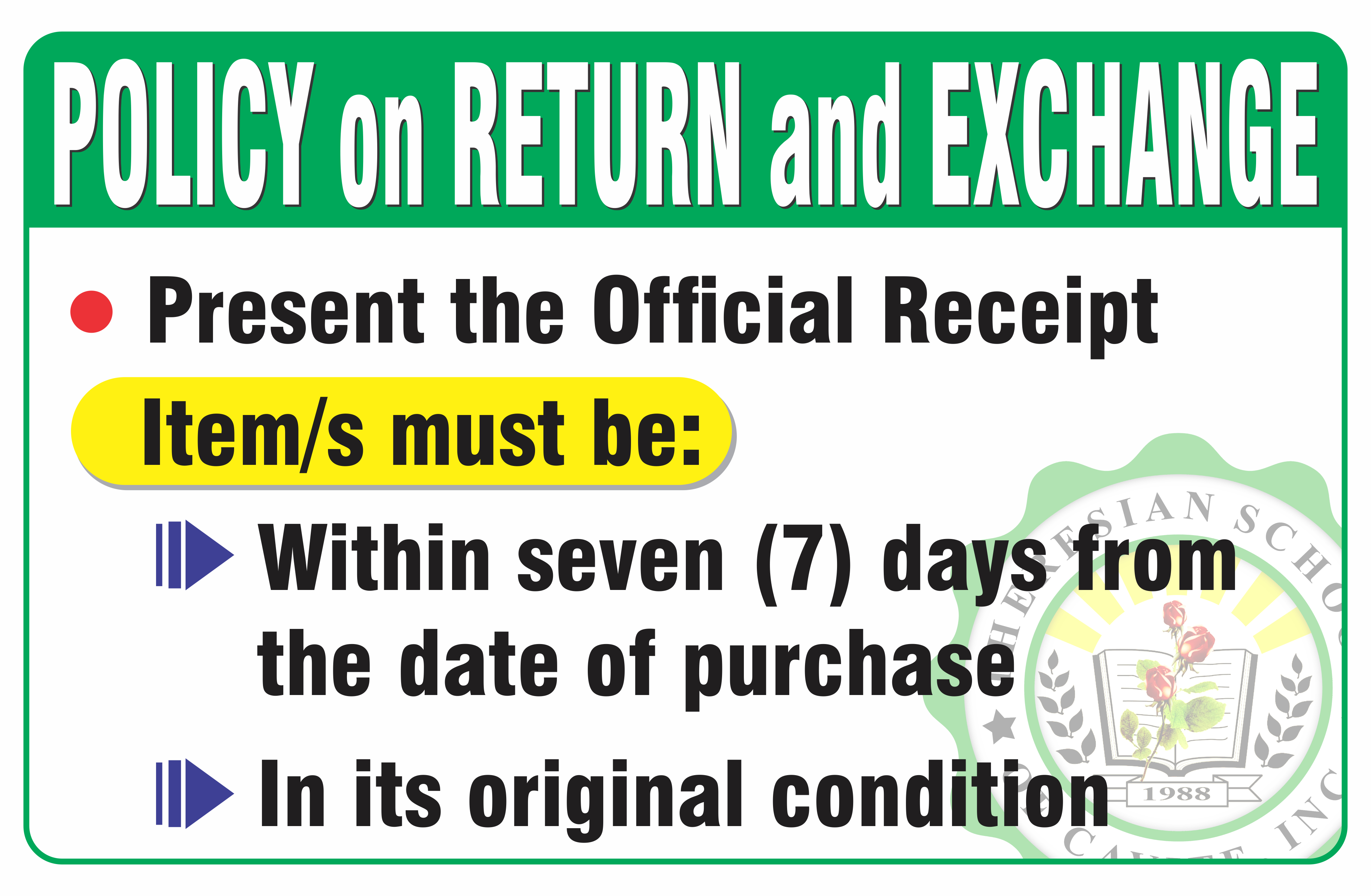 Private high school in Bacoor Policy on Return and Exchange