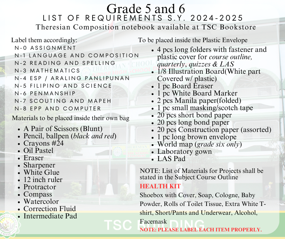 Grade 5 And 6 School Supplies Theresian School Of Cavite Inc