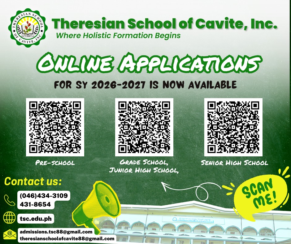 Promotional graphic for Theresian School of Cavite, Inc. announcing online applications for school year 2026-2027, featuring QR codes for pre-school, grade school, junior high school, and senior high school. Contact information and website details are included.